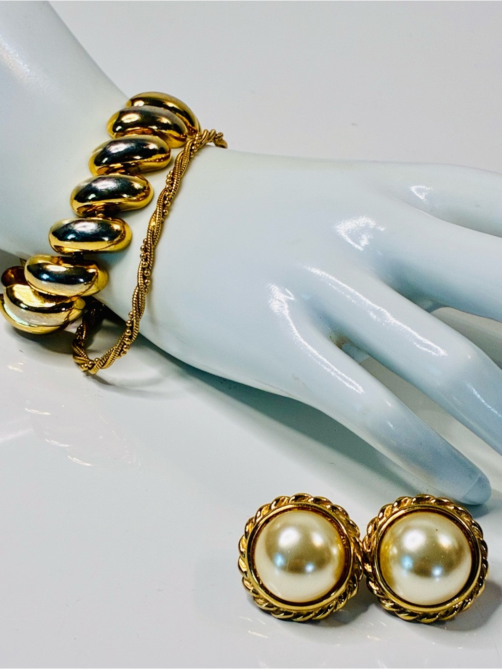 Napier Gold-Tone Pearl Button Clip Screw Back Earrings and 2 Bracelets Lot of 3